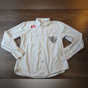 Y2K Route 66 Men's Graphic Button Down Shirt White Enquired Embroidered Feathers